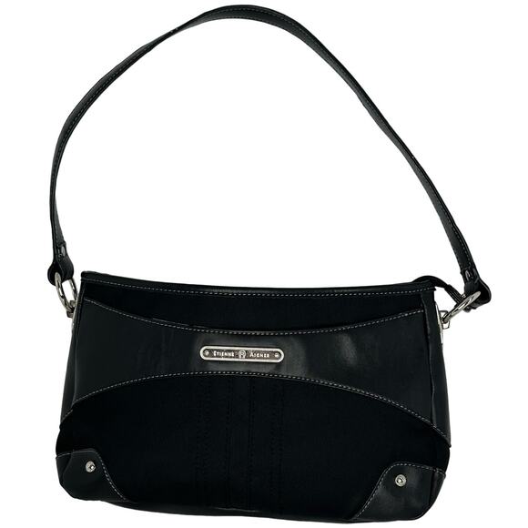 Etienne Aigner Black Baguette Purse Canvas Leather Silver Hardware Classic Bag - Picture 1 of 14